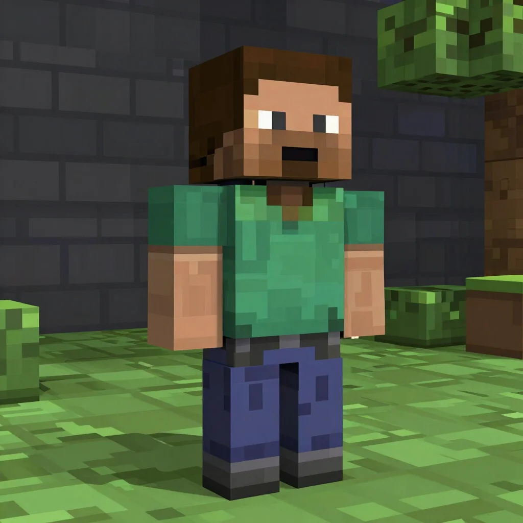 Close detail render of block-constructed armor and spatial geometry on a Minecraft general, soft in-game lighting, dark