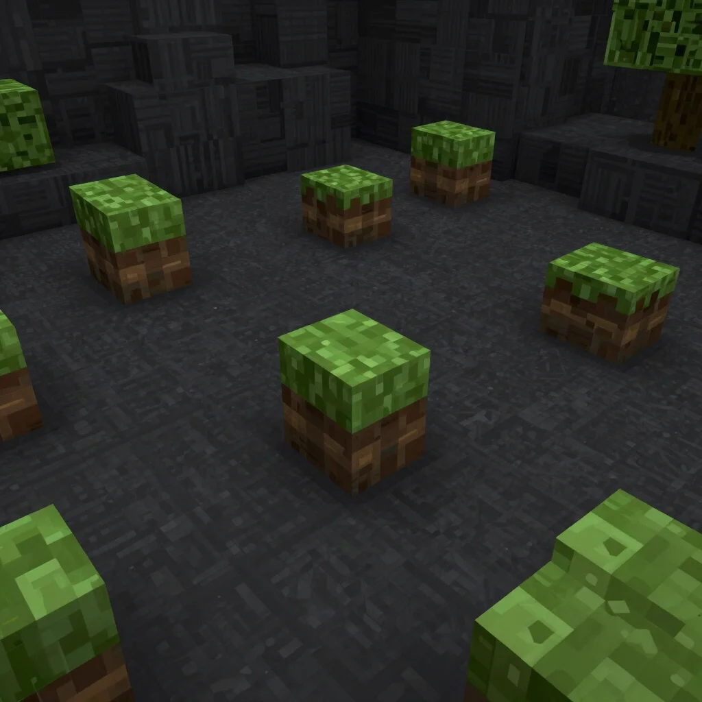 Wide establishing shot of several Minecraft block builds arranged across a dark terrain, natural in-game ambient light,