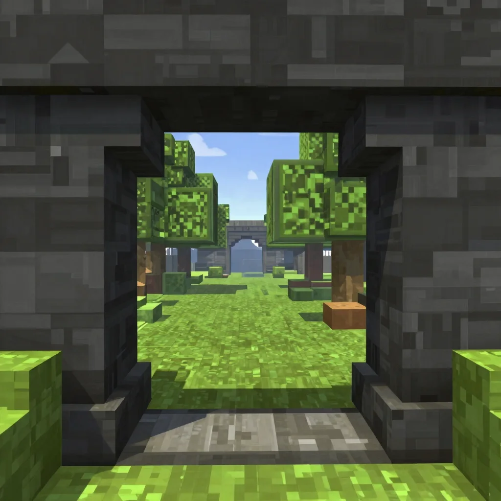In-game screenshot of a block-built general framed by a stone archway, soft natural lighting from the scene, dark palett