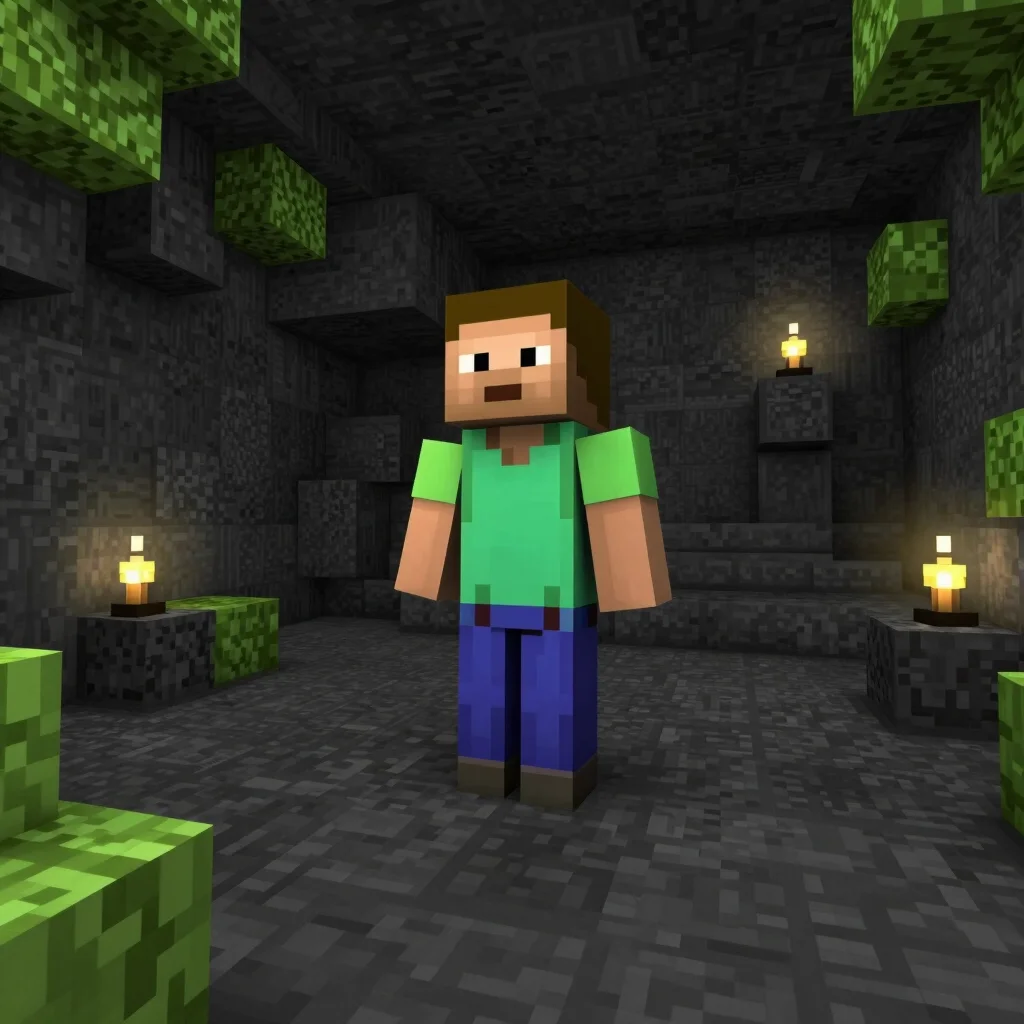 Wide landscape in-game Minecraft render of a block-built general standing in a dark charcoal stone environment, soft amb